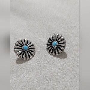 Western Boho Faux Silver and Turquoise Floral Stud Earrings